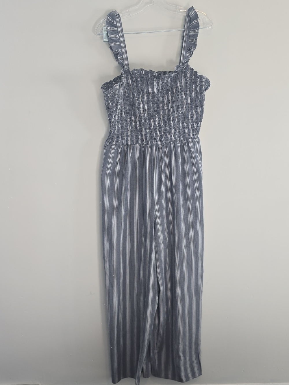 Striped Smocked Jumpsuit with Ruffle Straps - Blue & White